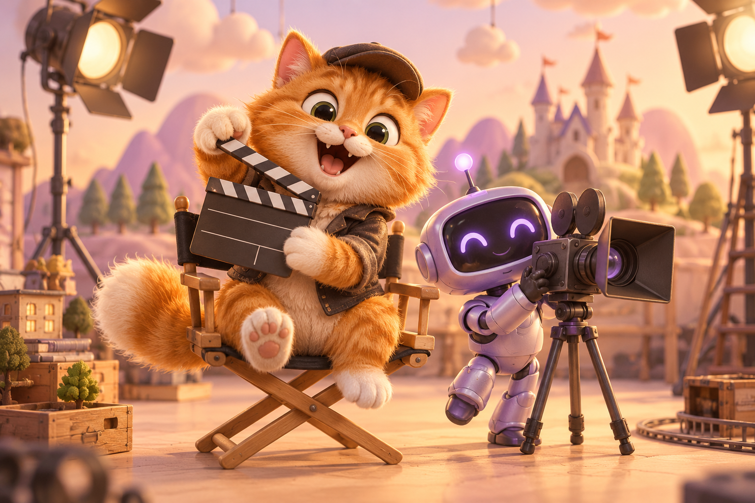 3D кот-режиссёр и робот в киностудии